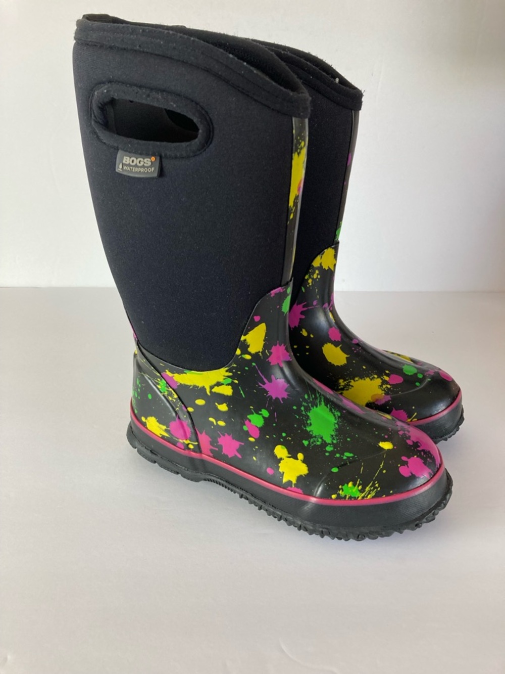 Bogs Waterproof Paint Splat Print Boots Black Purple Girl Size 2